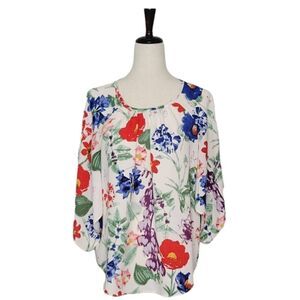 Chelsea & Theodore Bright Floral Flutter Sleeve Scoop Neck Blouse